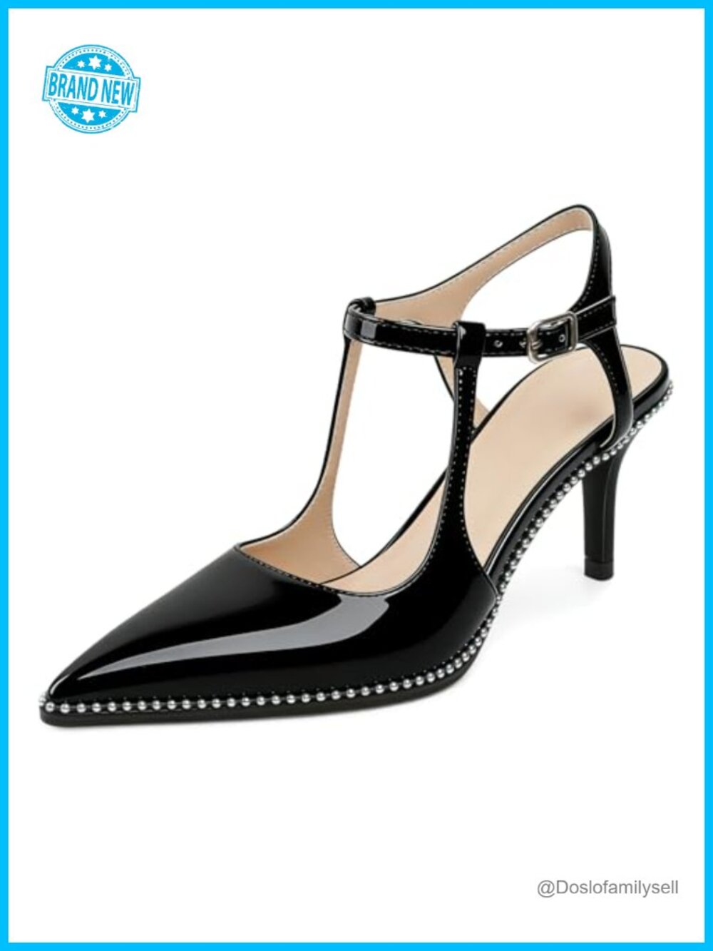Slingback Kitten Heels Pointed Toe Ankle Strap Faux Leather Beaded Pumps 2.5